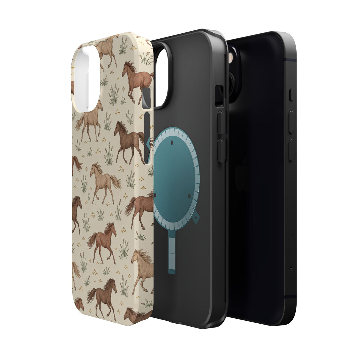 Wild Mustangs – Western Horse Pattern MagSafe Phone Case, glossy diagonal dual-camera model, exploded shell and liner with magnetic ring