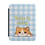 Kindle Case — "Take It Easy" Cute Cat Plaid E-Reader Cover