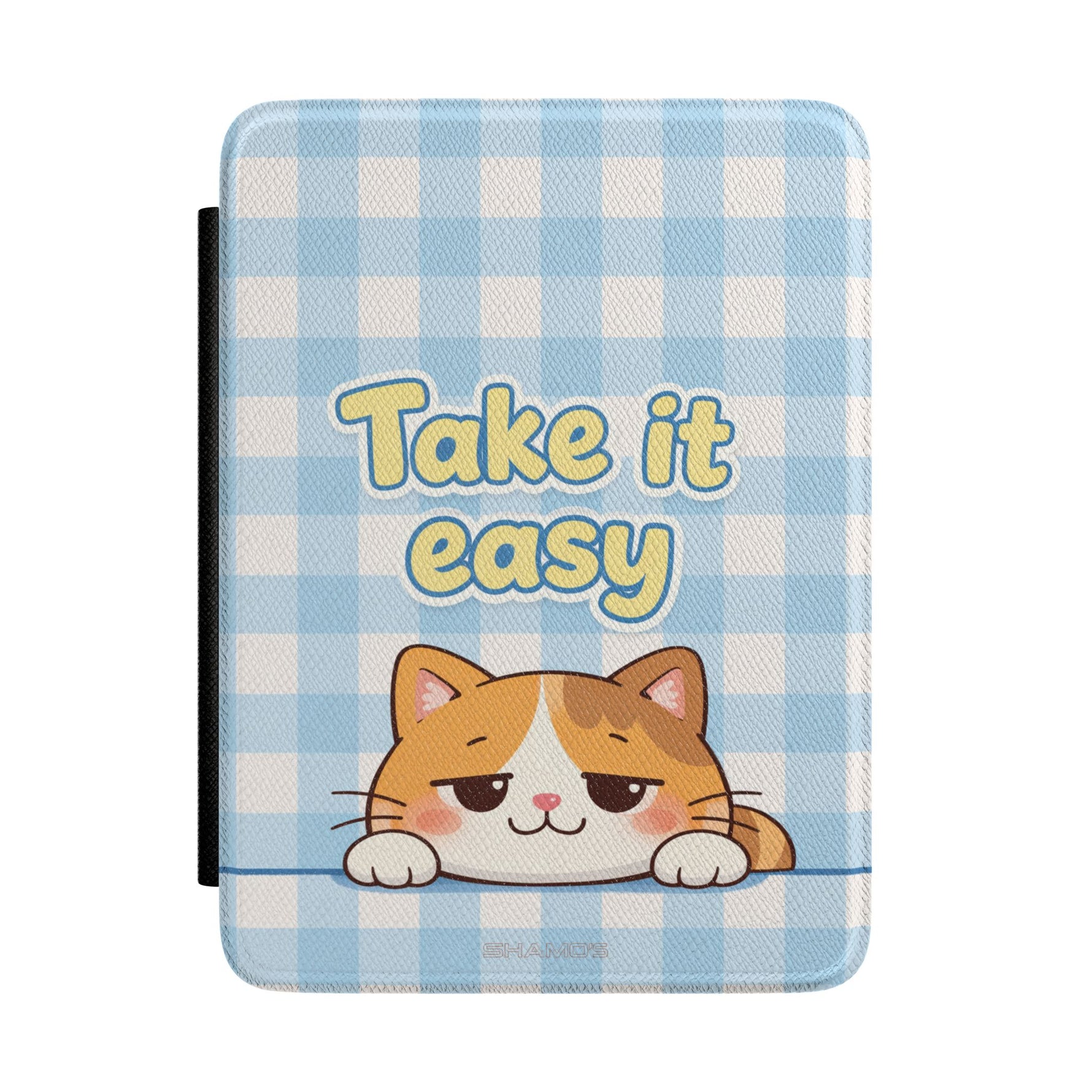 Kindle Case — "Take It Easy" Cute Cat Plaid E-Reader Cover