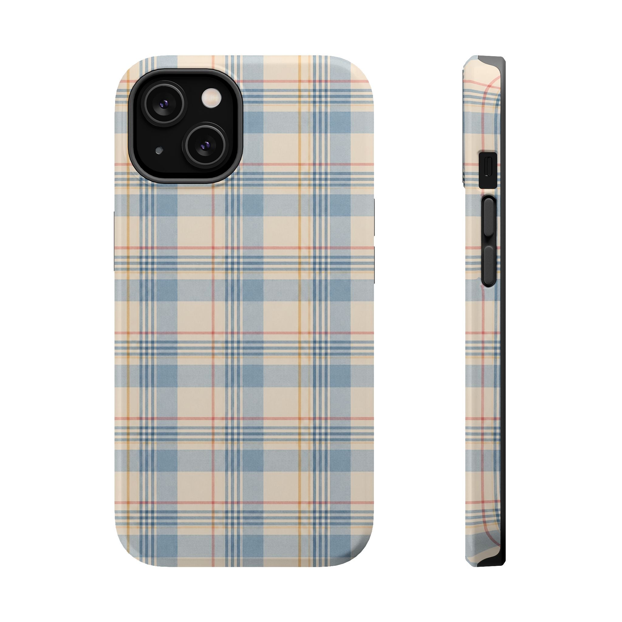 Ranch Check – Blue and Cream Plaid MagSafe Phone Case, glossy iPhone 14, rear and side profile