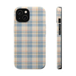 Ranch Check – Blue and Cream Plaid MagSafe Phone Case, glossy iPhone 14, rear and side profile