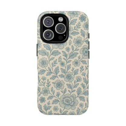 Vintage Blue Floral Tough Case for iPhone - Compatible with MagSafe
