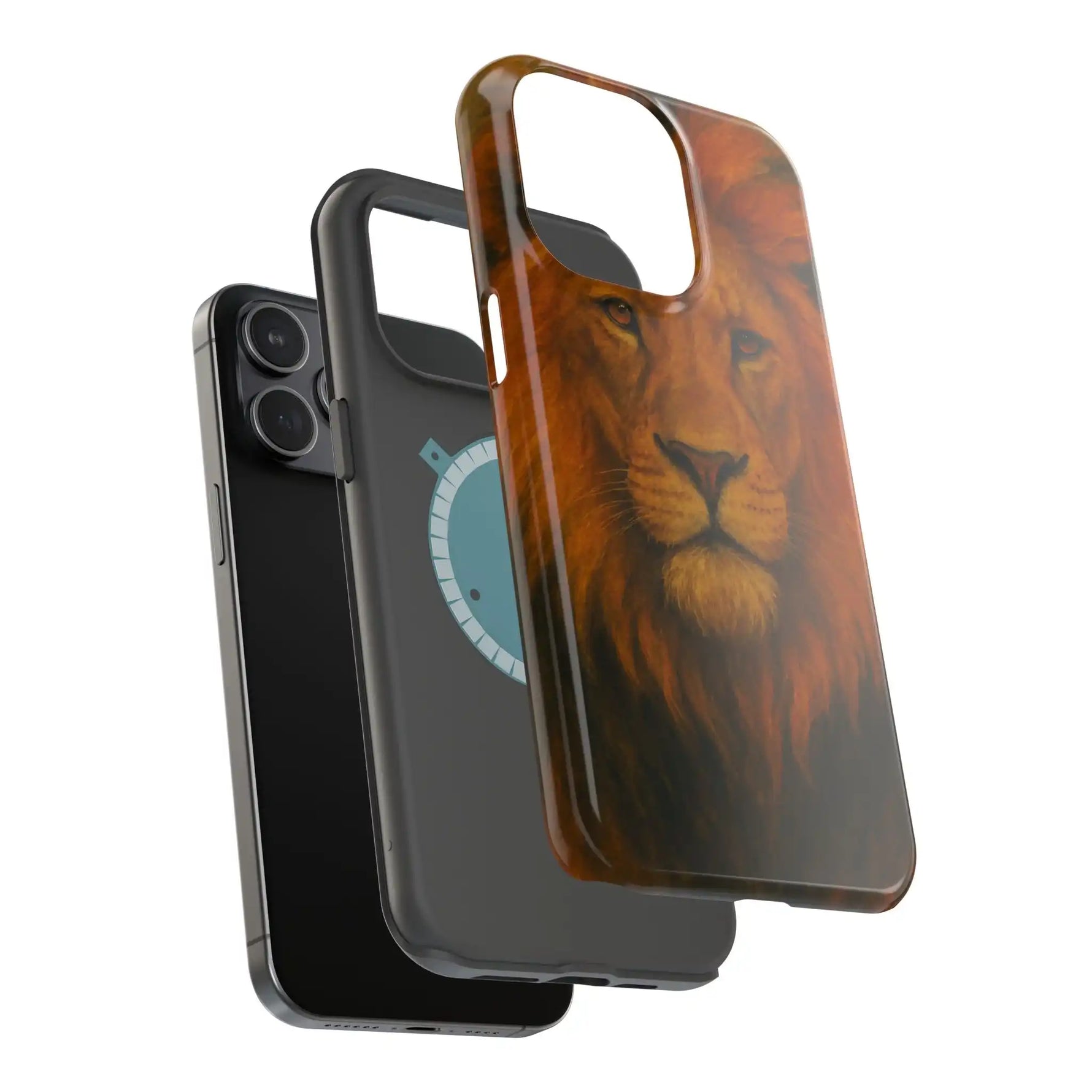 iPhone with two protective magnetic cases, one with lion face art, showing large size variant