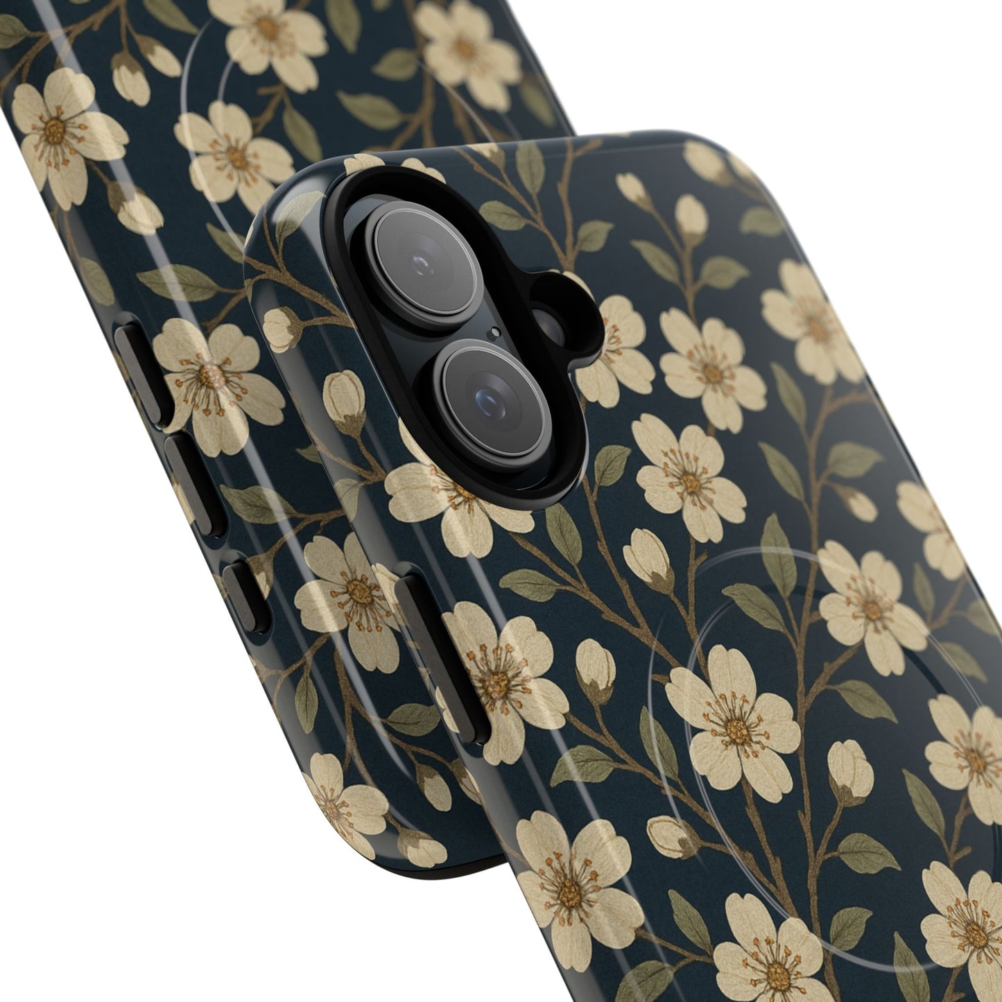 Navy Cherry Blossom Floral iPhone Case - Compatible with MagSafe