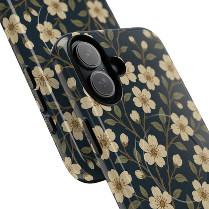 Navy Cherry Blossom Floral iPhone Case - Compatible with MagSafe