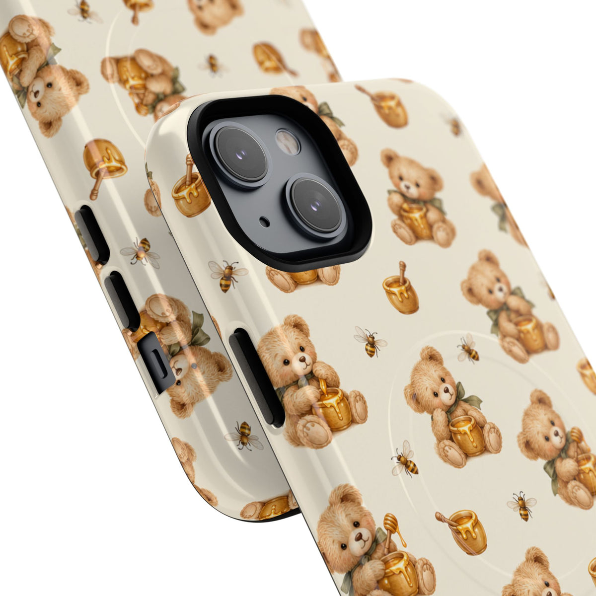Honingknuffelbeer iPhone-hoesje — ontwerp met gele bij en honingpot met MagSafe