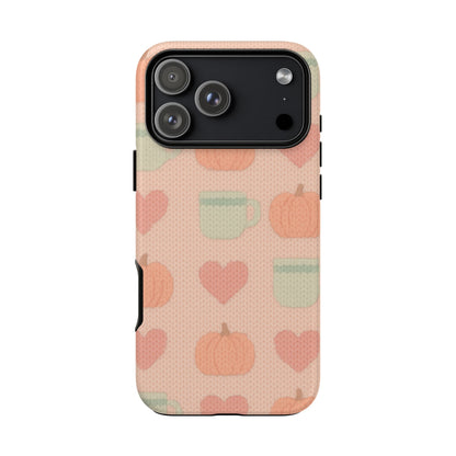 Autumn Cozy iPhone Case – Pumpkin, Heart & Coffee Cup Pattern