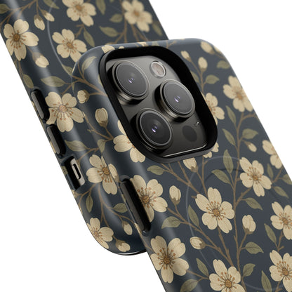 Navy Cherry Blossom Floral iPhone Case - Compatible with MagSafe