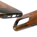 Close-up of two glossy wood grain phone case variants showing different cutout sizes and edges