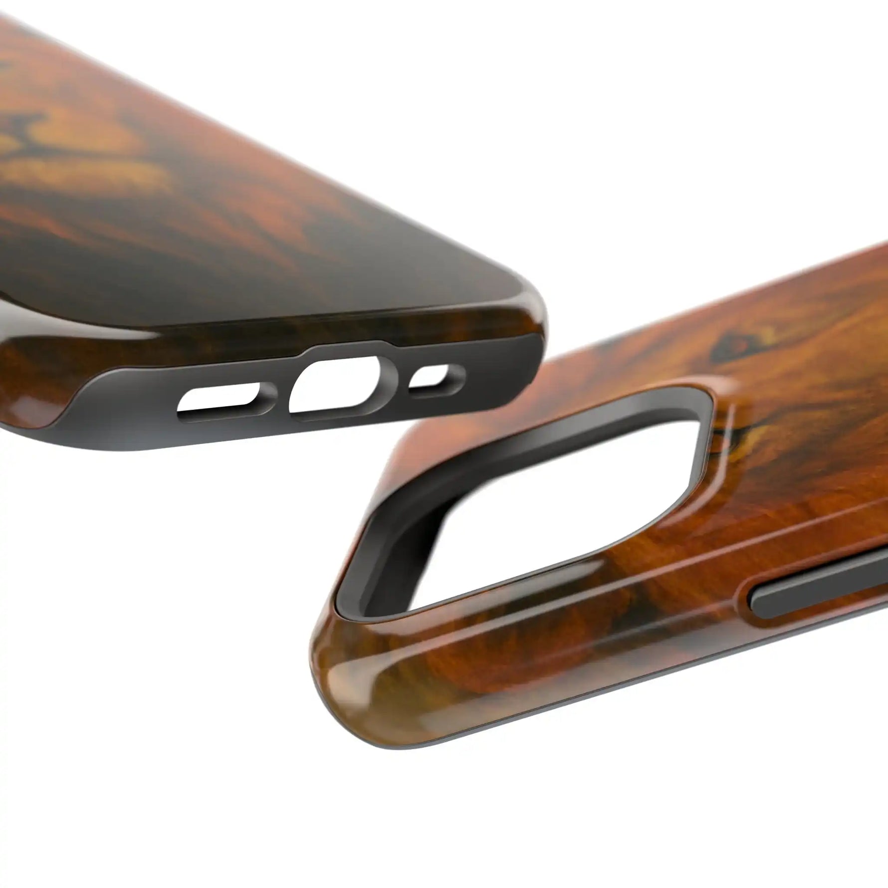 Close-up of two glossy wood grain phone case variants showing different cutout sizes and edges