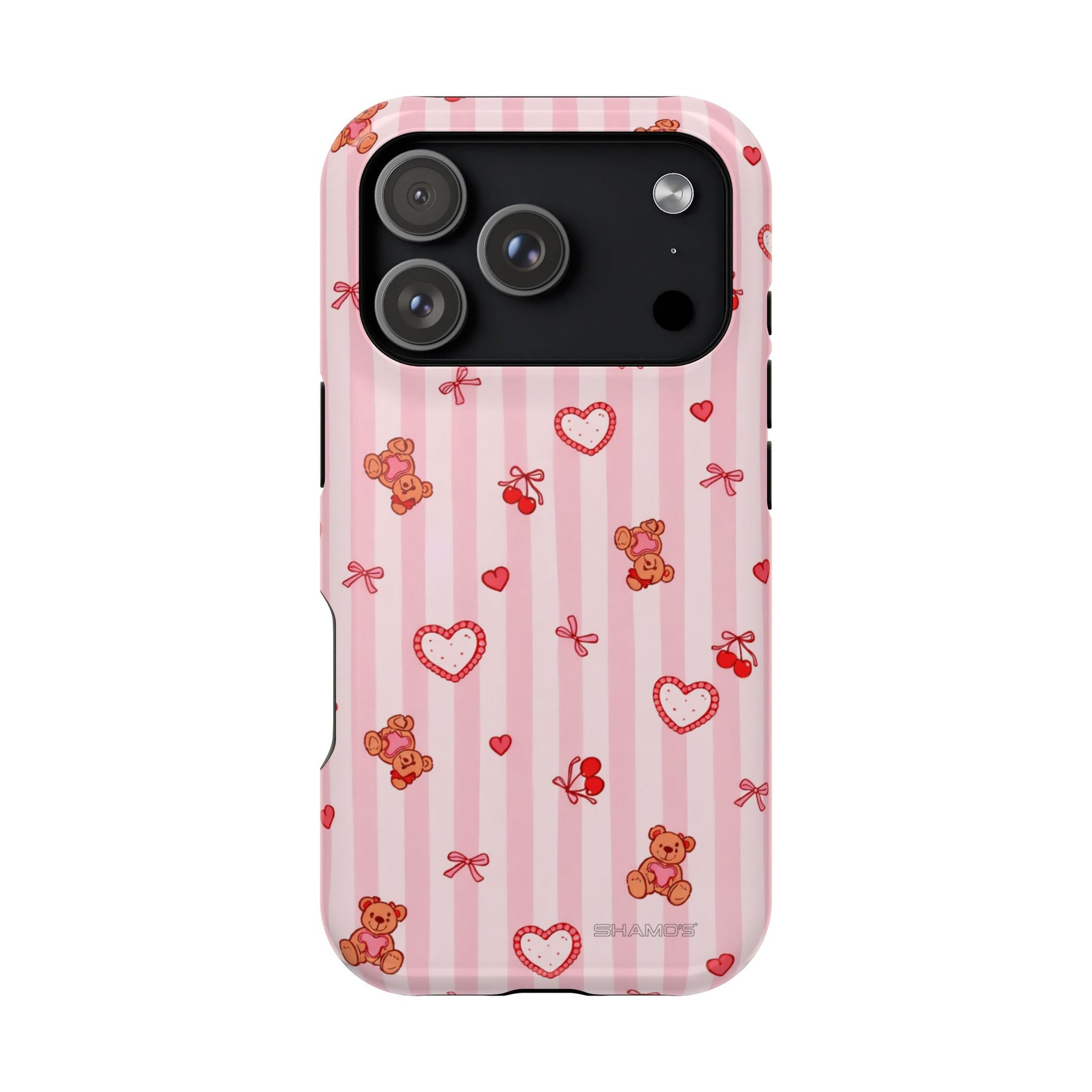 Pink Teddy Hearts Love iPhone Case, Impact-Resistant MagSafe Compatible
