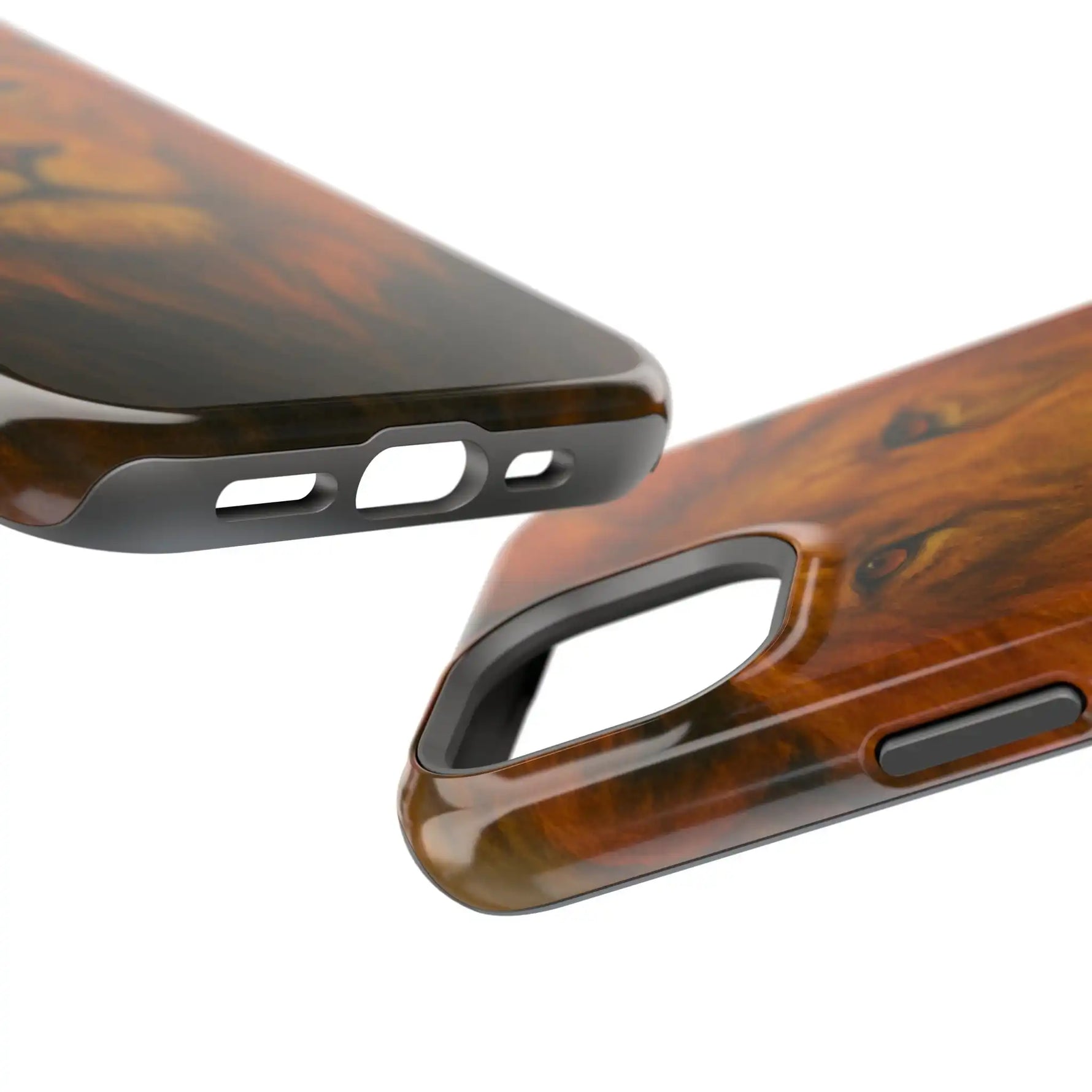 Close-up of two wood grain phone cases showing camera and charging port cutouts variant size