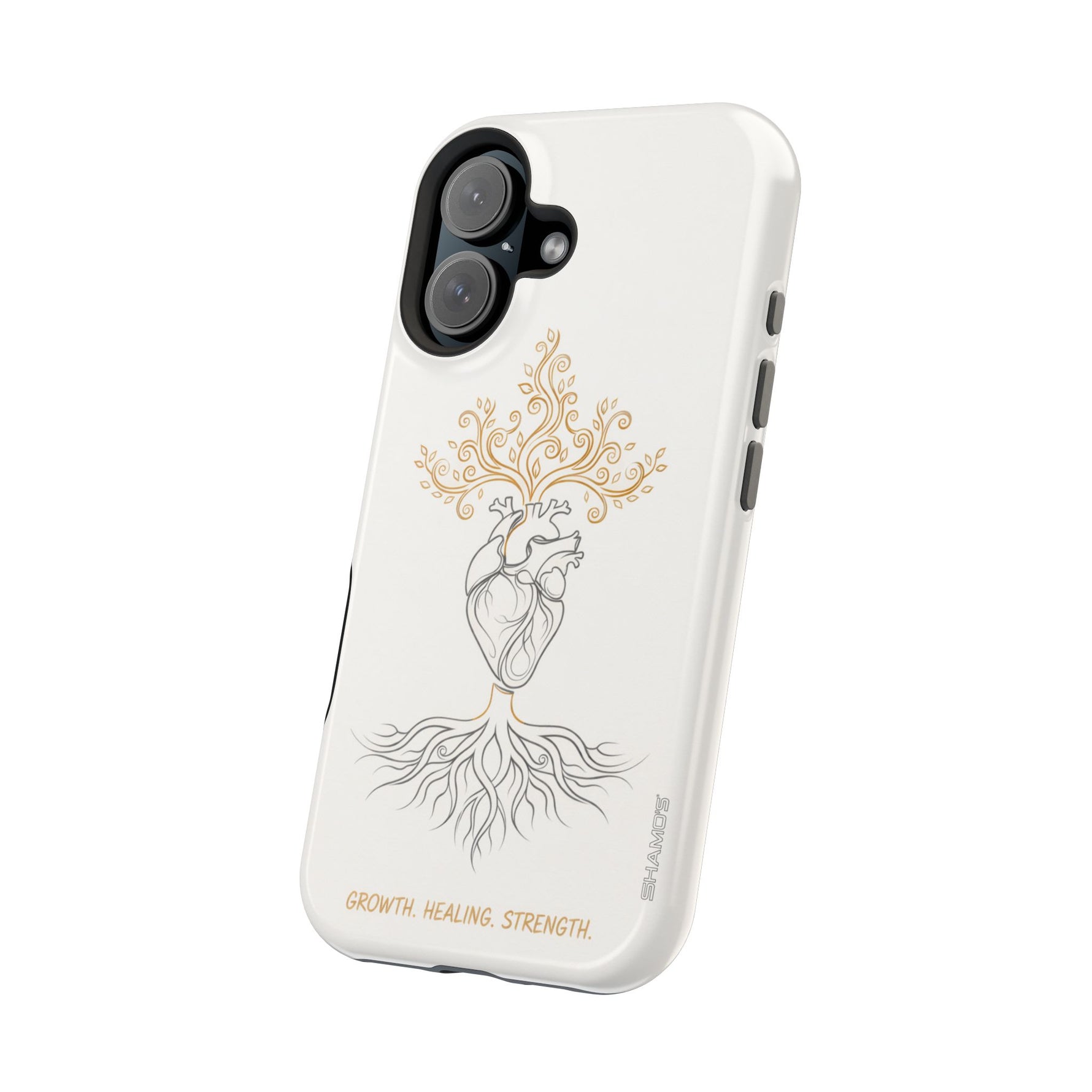 Minimalist Impact-Resistant iPhone Case, Heart Root Illustration ("Growth. Healing. Strength.") MagSafe Compatible - iPhone 17 / Glossy - Shamo's