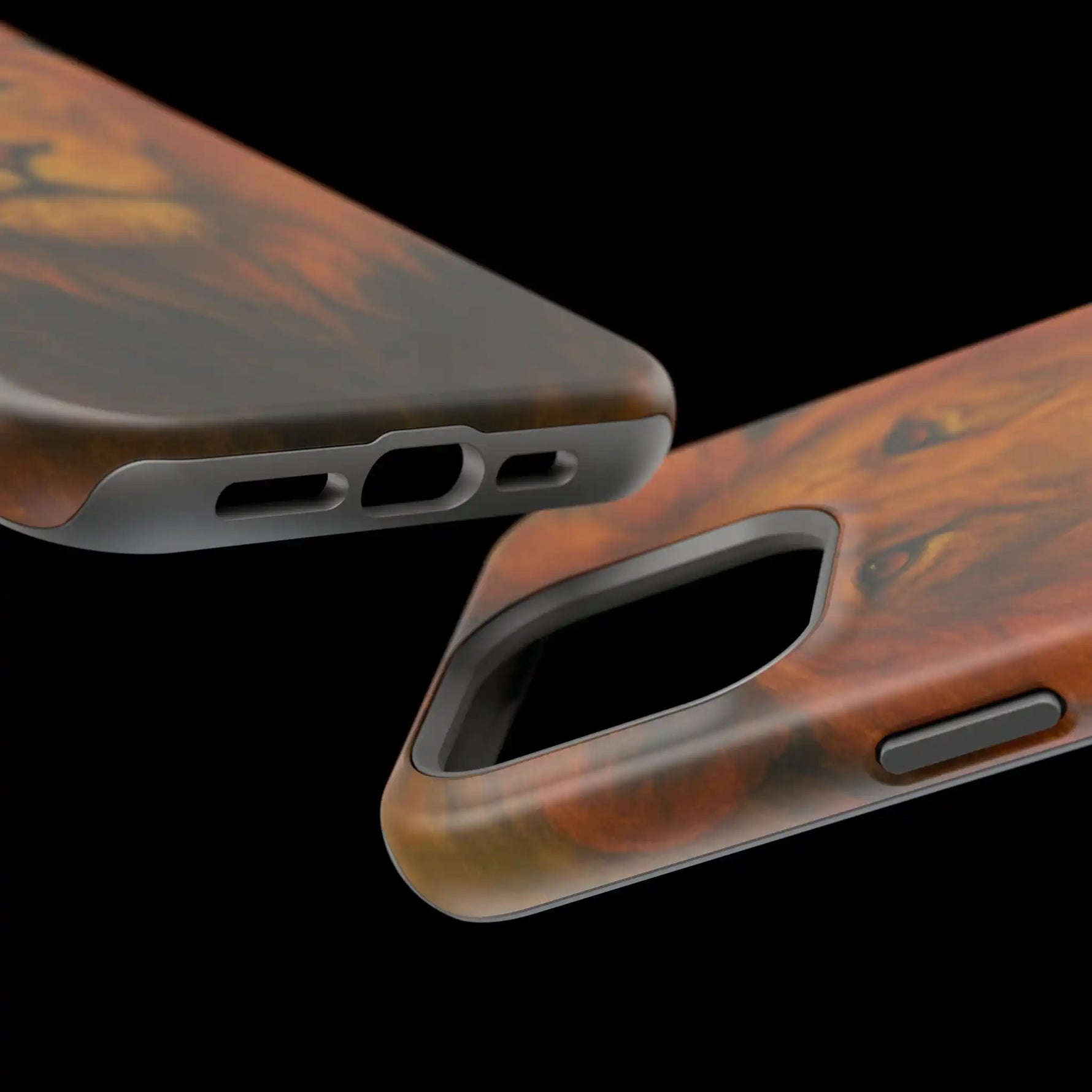 Wood grain textured phone case showing variant size with precise cutouts and button covers