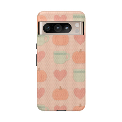 Autumn Cozy iPhone Case – Pumpkin, Heart & Coffee Cup Pattern