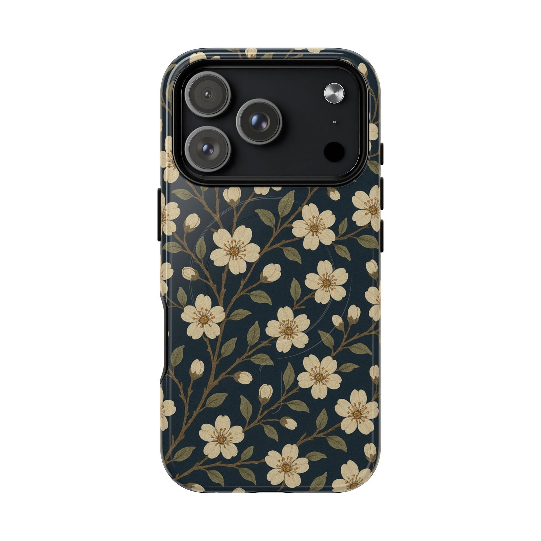 Navy Cherry Blossom Floral iPhone Case - Compatible with MagSafe - Shamo's