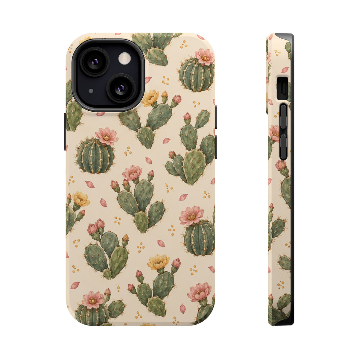 Cactus Bloom – Sage Green Floral Cactus MagSafe Phone Case, glossy iPhone 13 Mini, rear and side profile