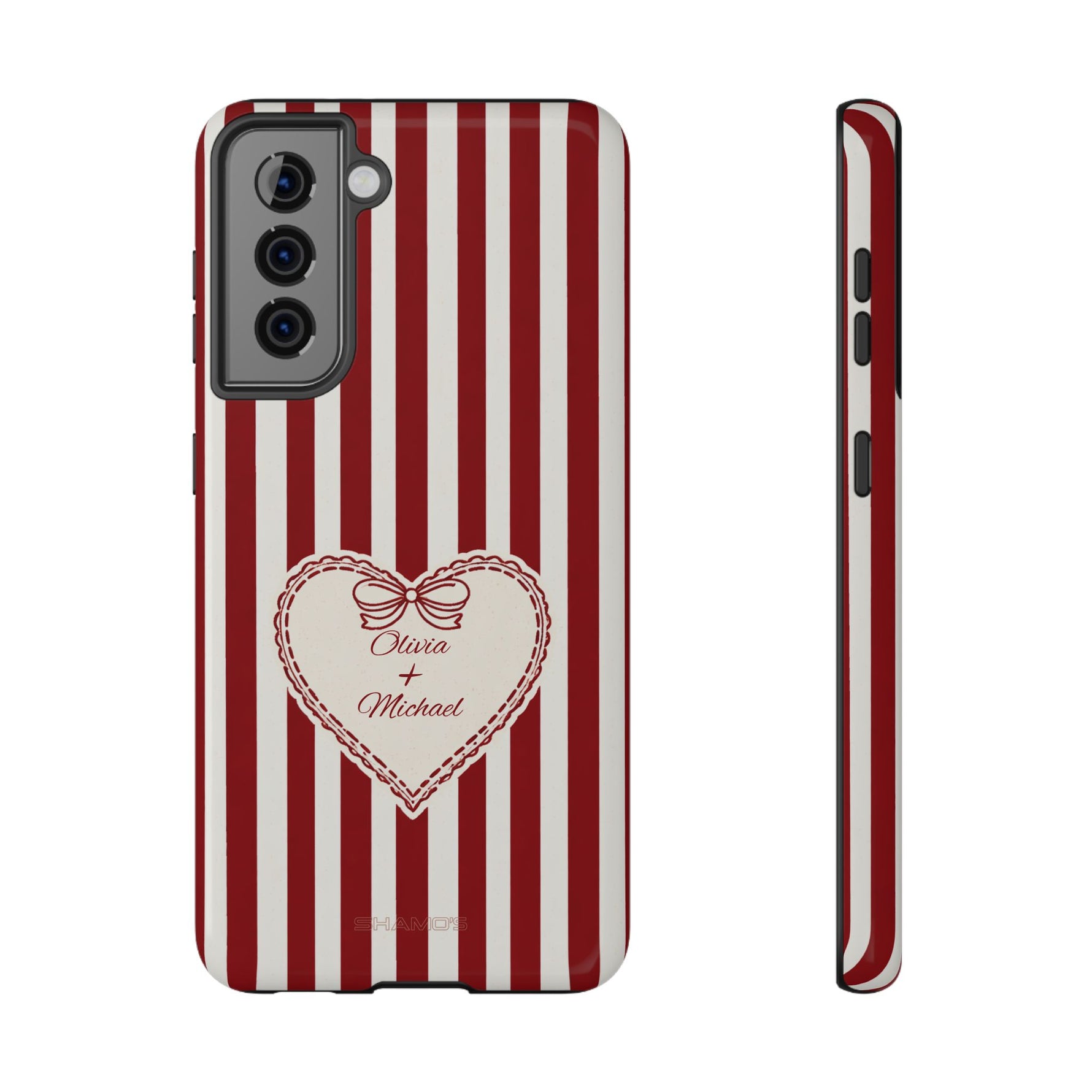 Funda personalizada a rayas — Diseño de corazón rojo y blanco (nombres personalizados)
