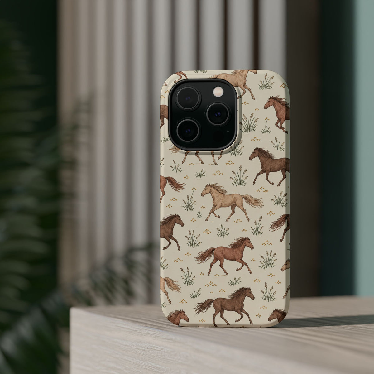 Wild Mustangs – Western Horse Pattern MagSafe Phone Case, glossy square triple-camera Pro model, rear view on a tabletop