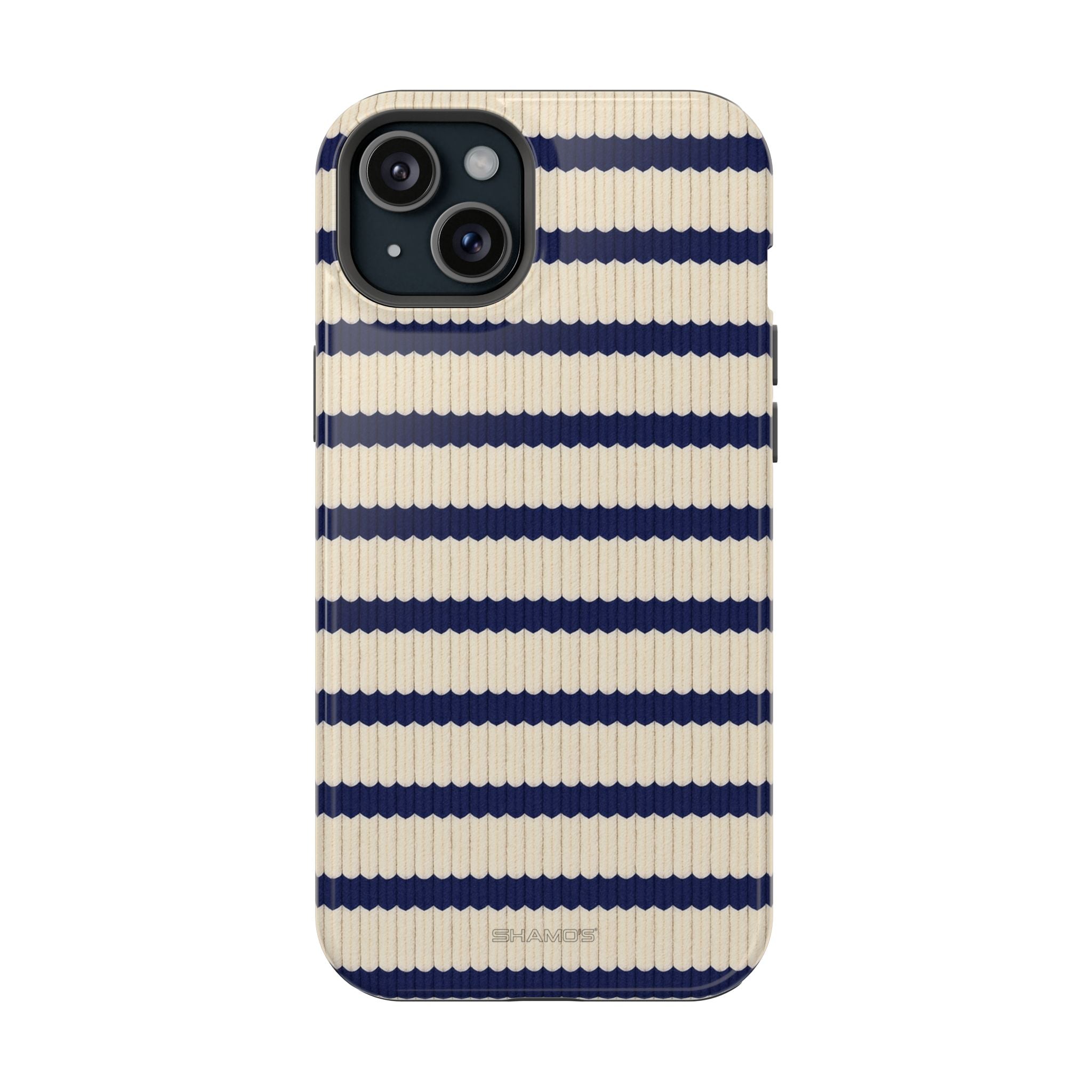 Phone case with navy and cream horizontal stripes in a knit-style pattern