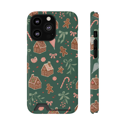 Holiday Gingerbread Phone Case with Card Holder — Festive Green Candy Cane Design