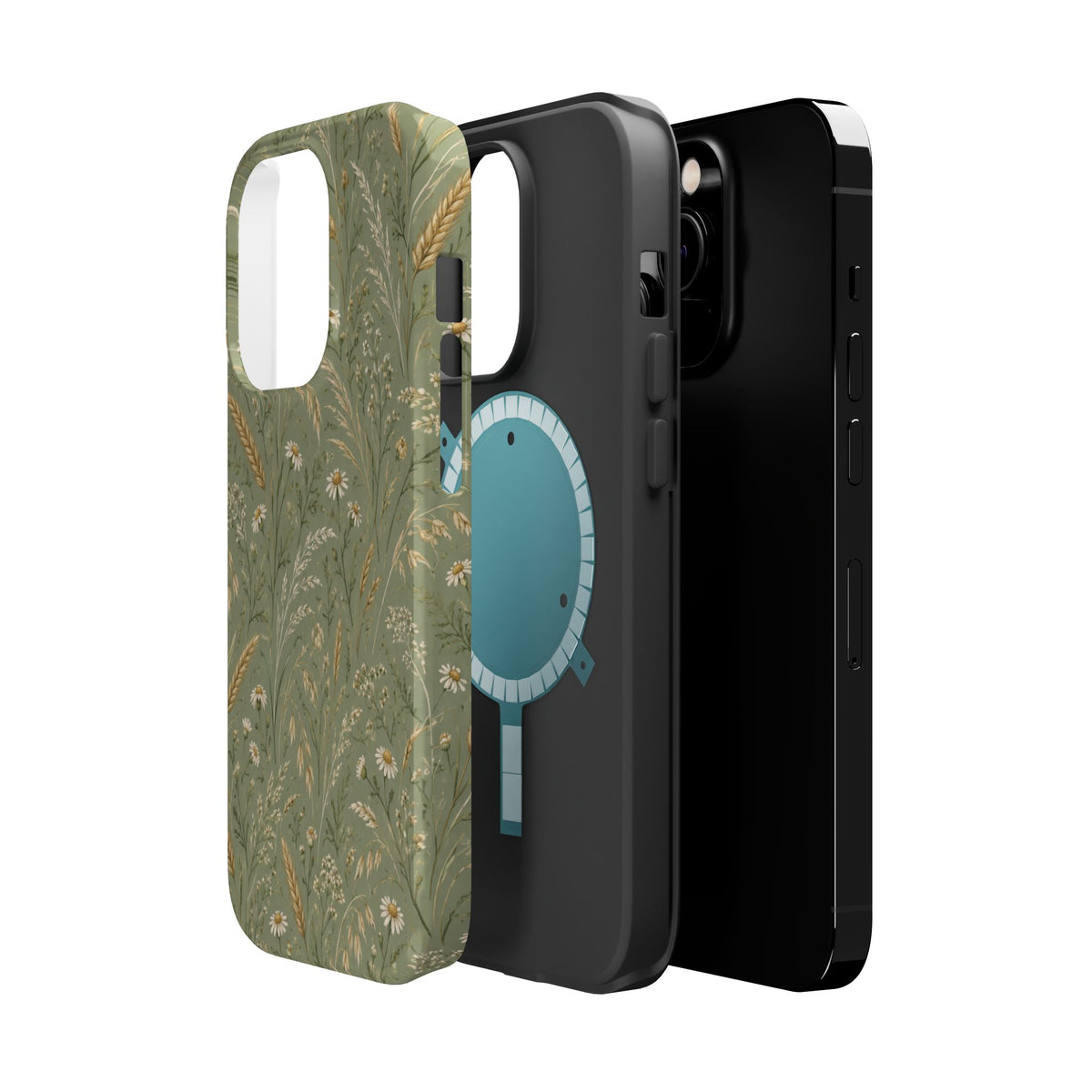Golden Meadow – Sage Green Wildflower MagSafe Phone Case, glossy square triple-camera Pro model, exploded shell and liner with magnetic ring