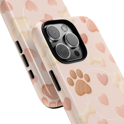 Pet Paw Pattern Phone Case — Pink Puppy Hearts & Bones with MagSafe