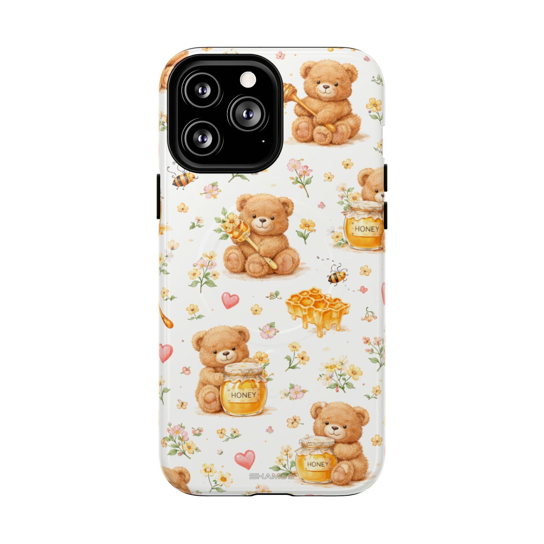 Honey Teddy Bear iPhone Case — Yellow Bee & Honey Pot Design with MagSafe