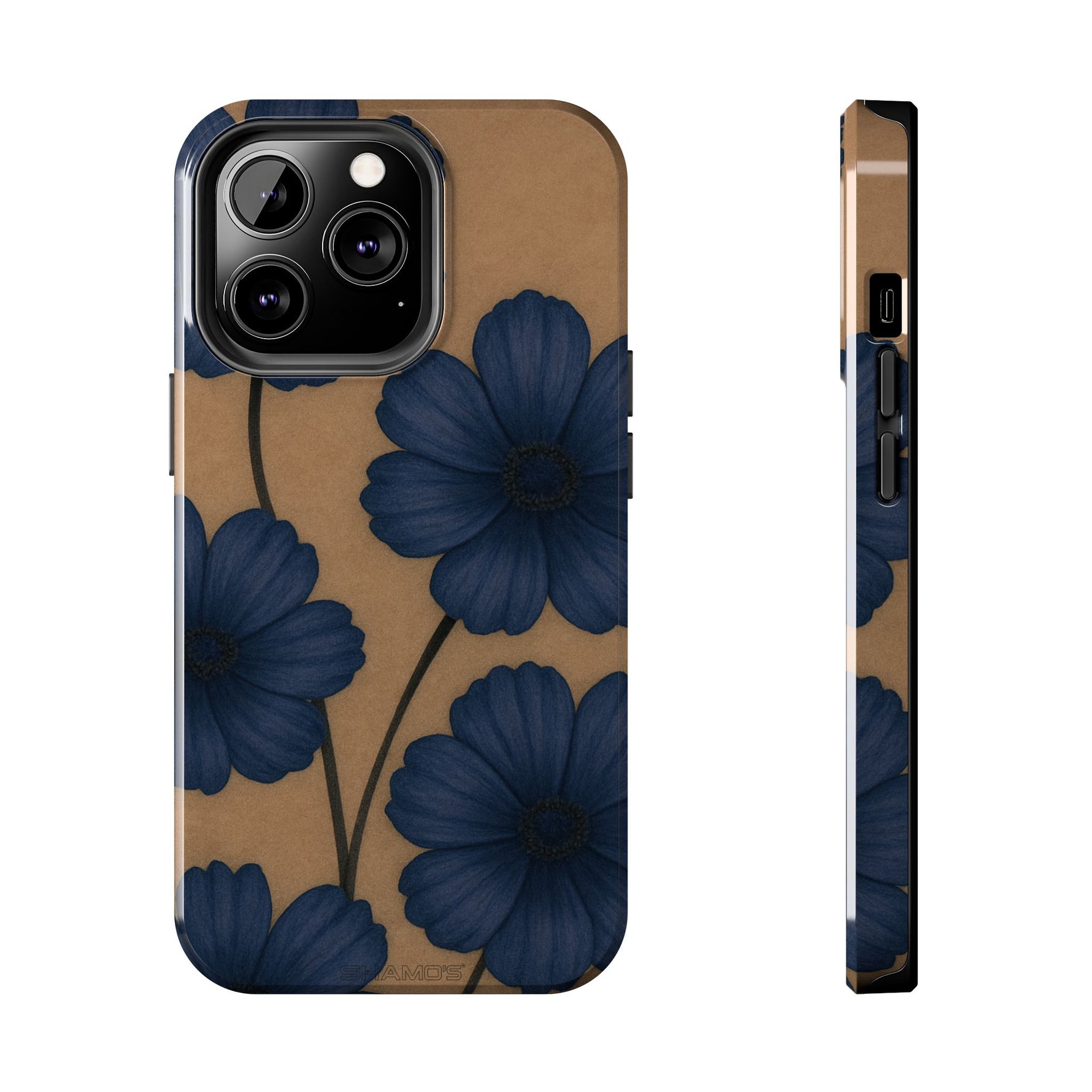 Navy Floral Tough Phone Case — Durable Protective Case with Blue Flowers on Kraft Background