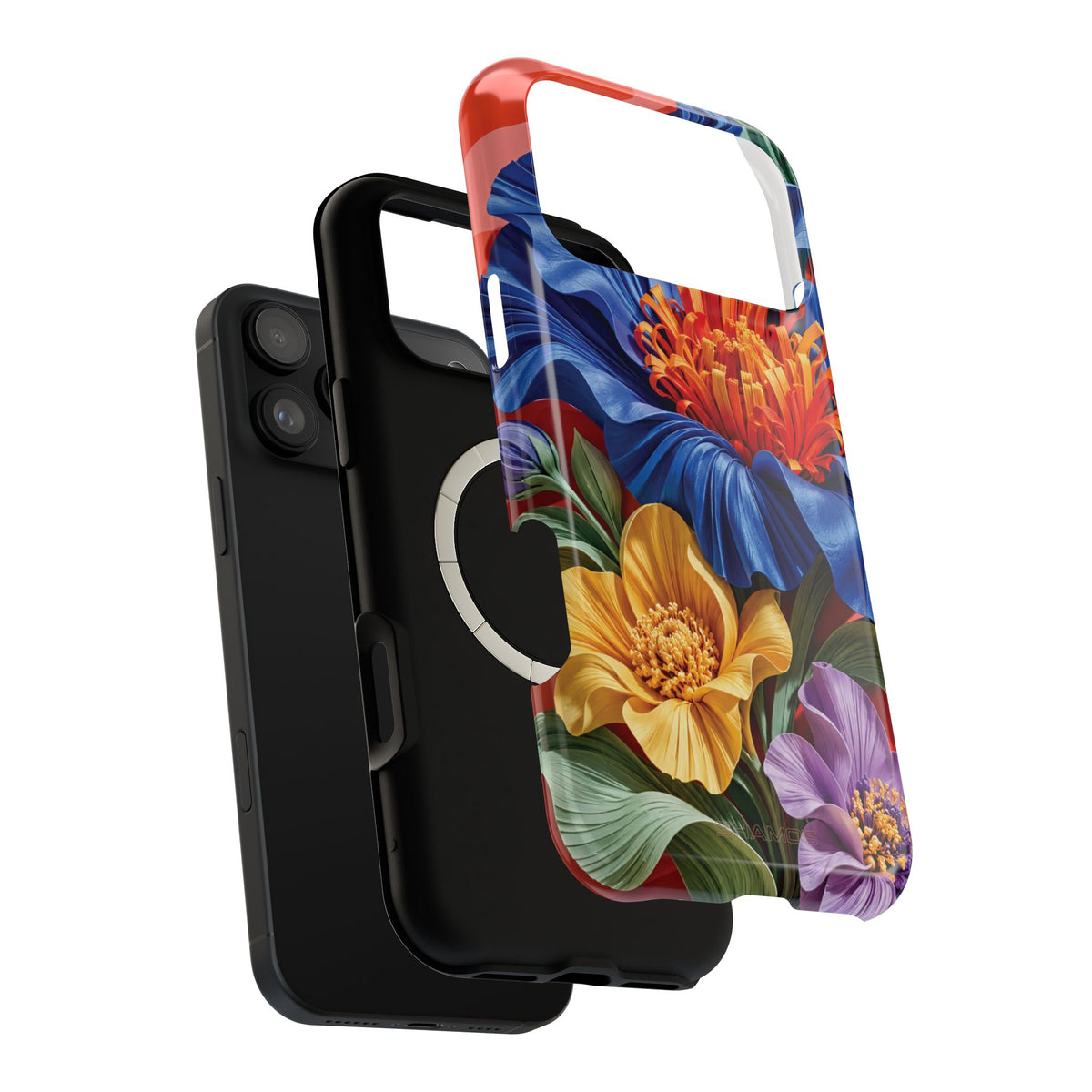 Electric Paradise MagSafe Phone Case – Cobalt Floral & Coral Waves | Glossy