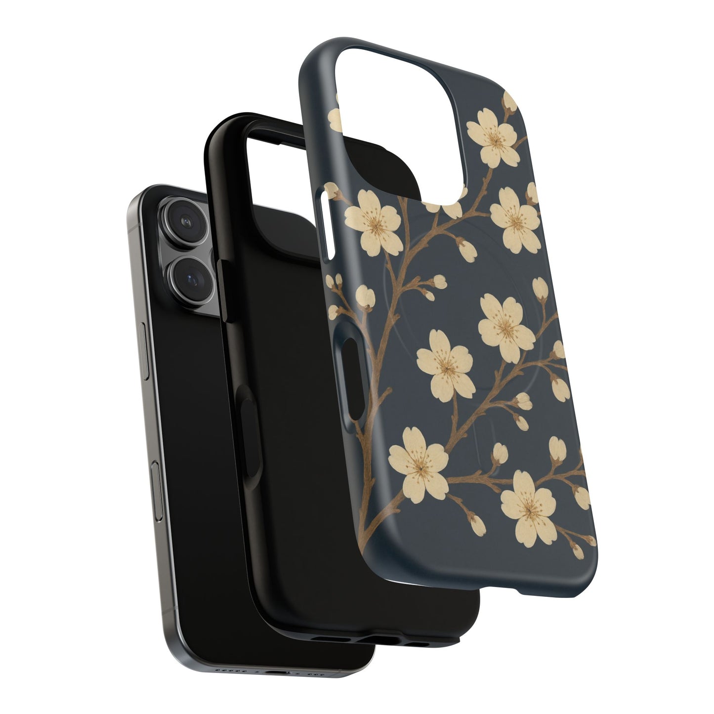 Navy Cherry Blossom Floral iPhone Case - Compatible with MagSafe