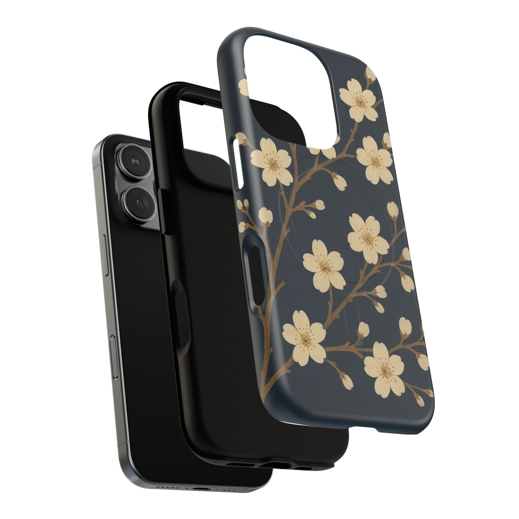 Navy Cherry Blossom Floral iPhone Case - Compatible with MagSafe - Shamo's