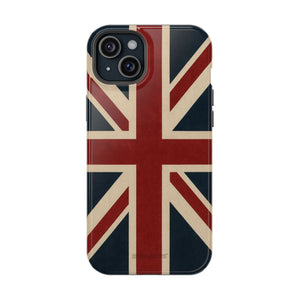 Back view of a phone case with a vintage red, cream, and navy Union Jack design