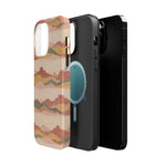 Sunset Trails – Desert Landscape MagSafe Phone Case, glossy square triple-camera Pro model, exploded shell and liner with magnetic ring