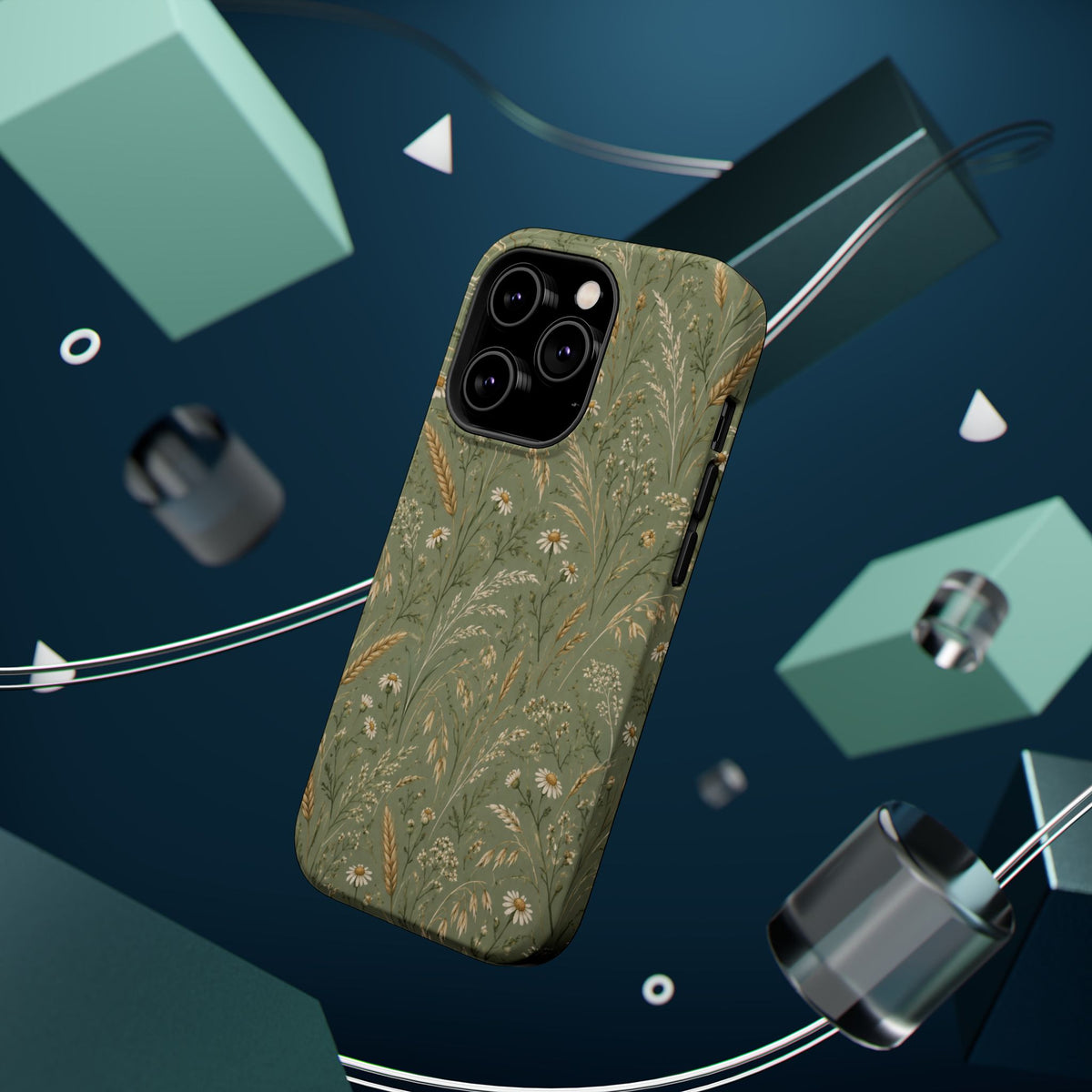 Golden Meadow – Sage Green Wildflower MagSafe Phone Case, glossy square triple-camera Pro model, rear view with magnetic accessories