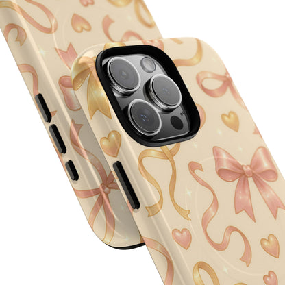 Festive Bow Charm iPhone Case — Pink & Gold Ribbon Hearts with MagSafe