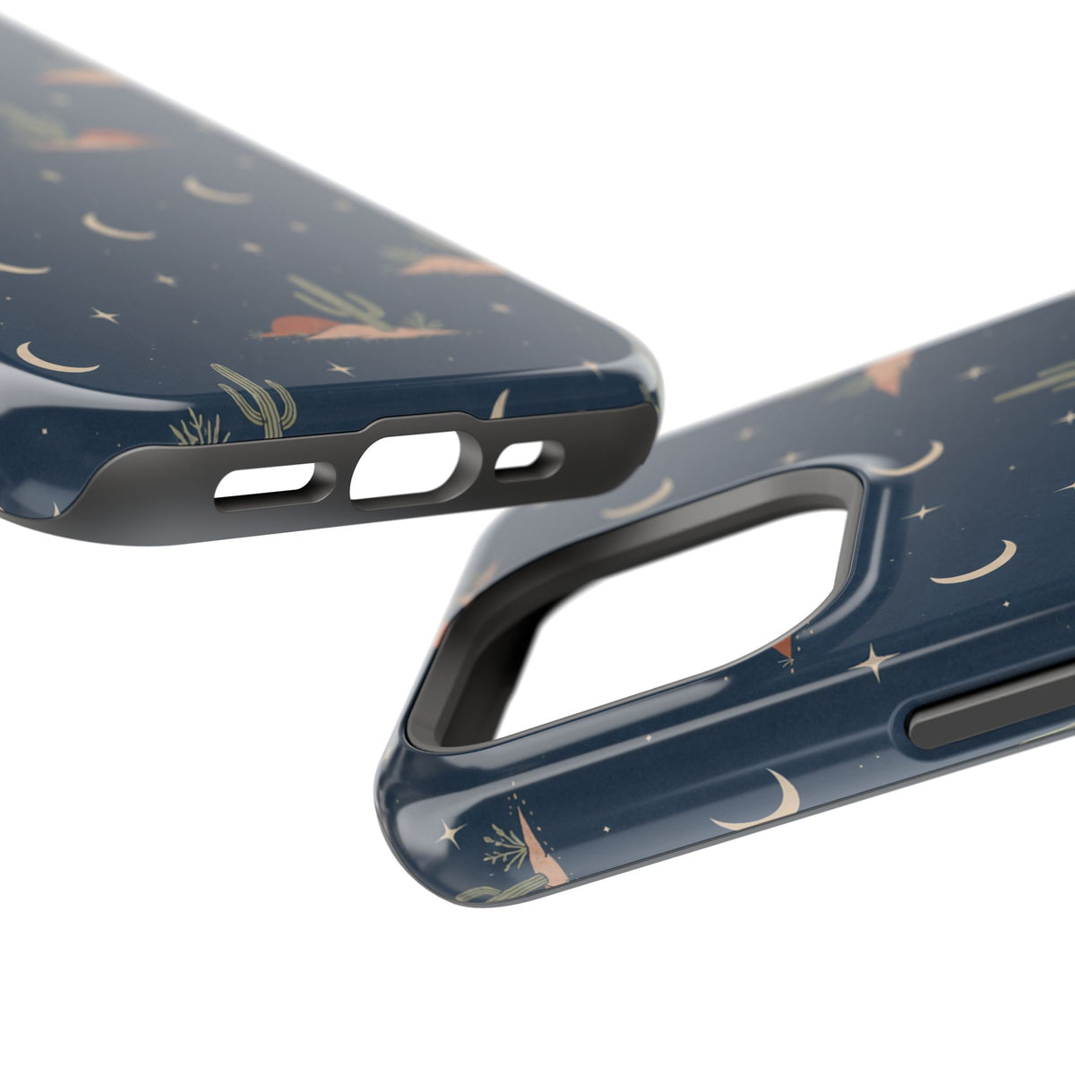 Desert Moon MagSafe Phone Case, glossy square triple-camera Pro model, port openings and edge details