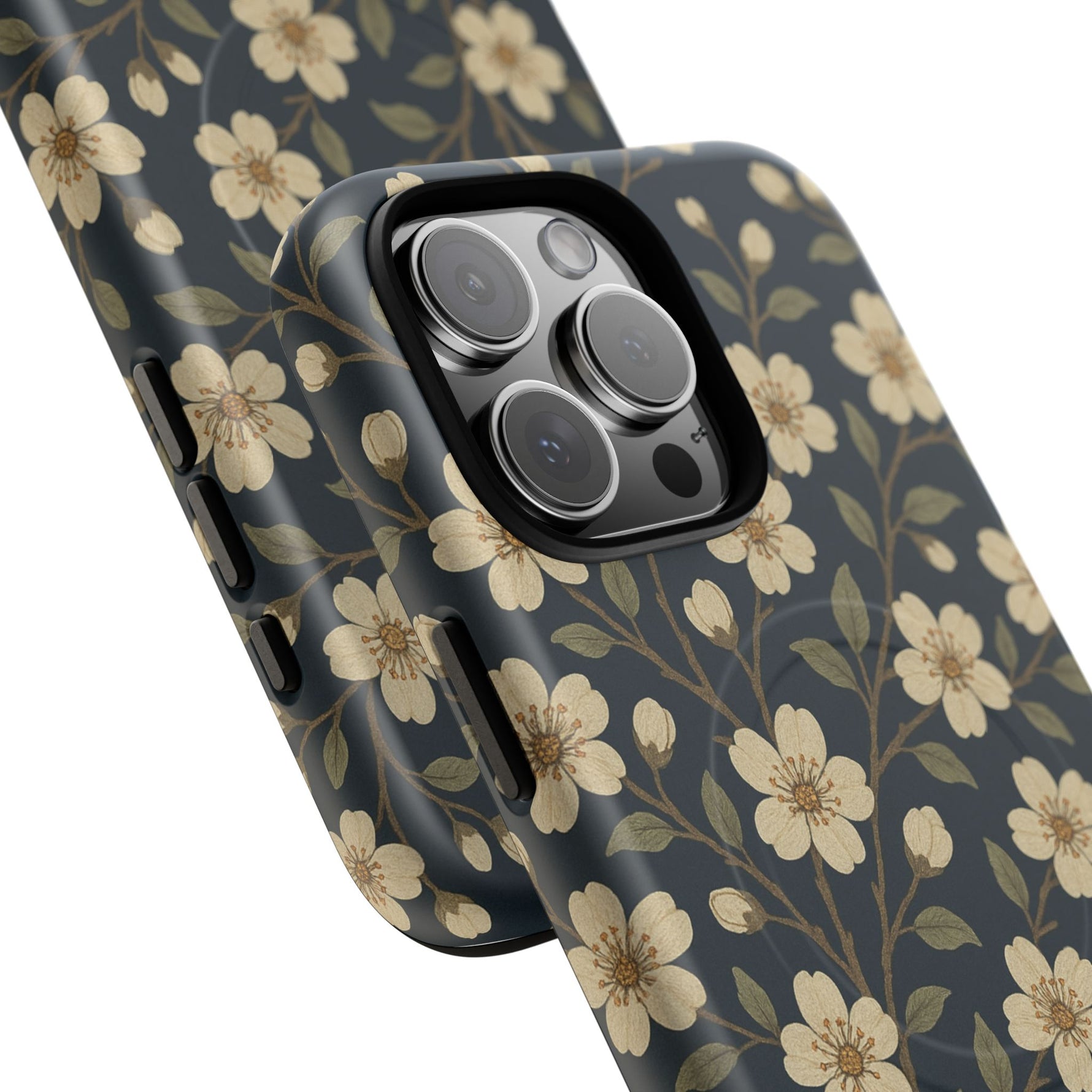 Navy Cherry Blossom Floral iPhone Case - Compatible with MagSafe - Shamo's