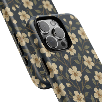 Navy Cherry Blossom Floral iPhone Case - Compatible with MagSafe
