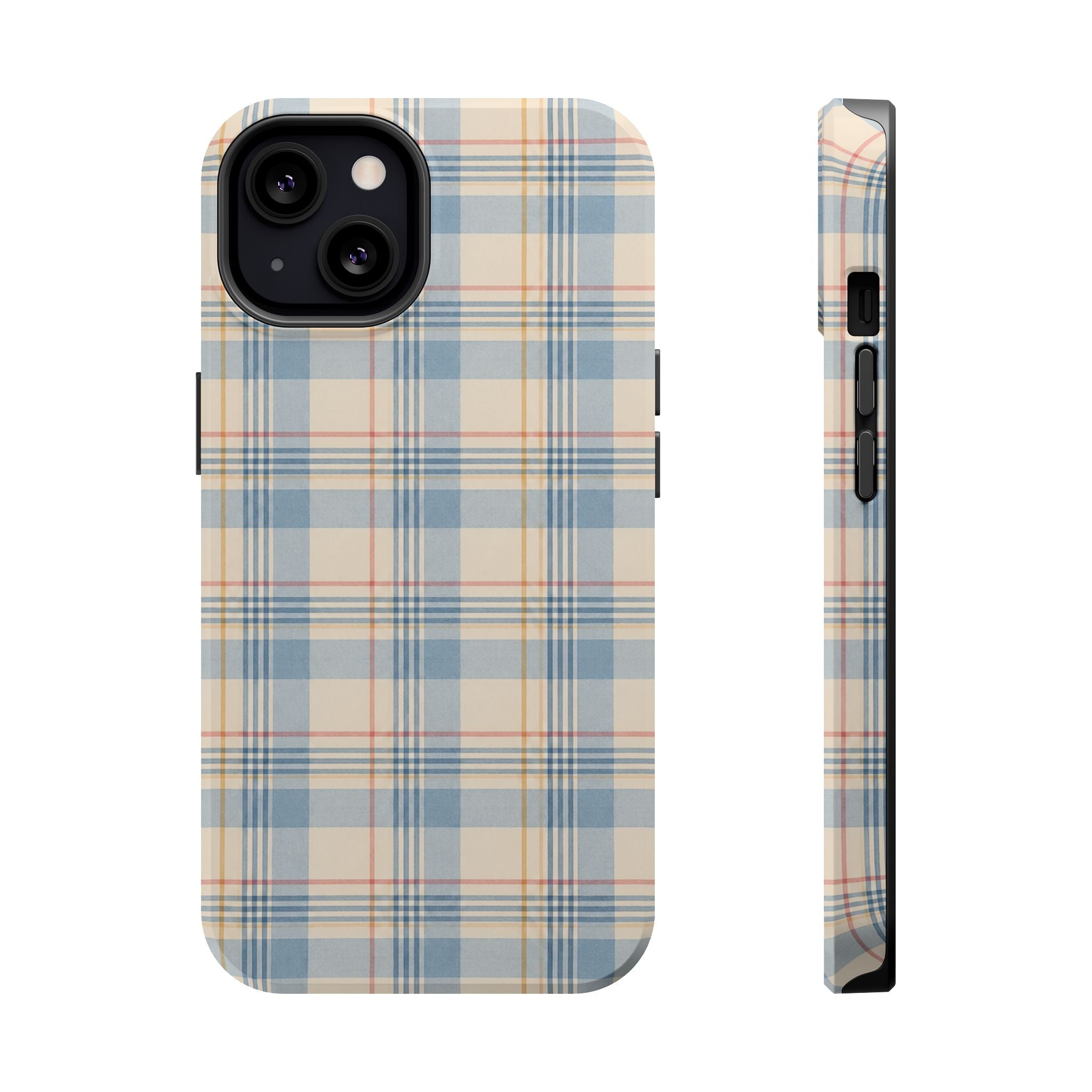 Ranch Check – Blue and Cream Plaid MagSafe Phone Case, glossy iPhone 13, rear and side profile
