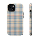 Ranch Check – Blue and Cream Plaid MagSafe Phone Case, glossy iPhone 13, rear and side profile