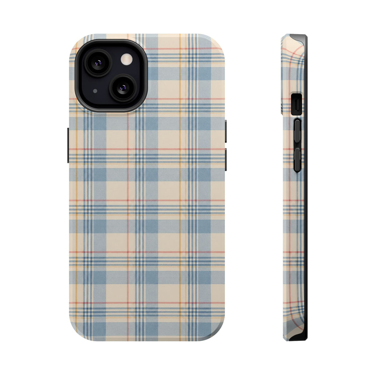 Ranch Check – Blue and Cream Plaid MagSafe Phone Case, glossy iPhone 13, rear and side profile