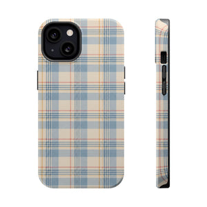 Ranch Check – Blue and Cream Plaid MagSafe Phone Case, glossy iPhone 13, rear and side profile