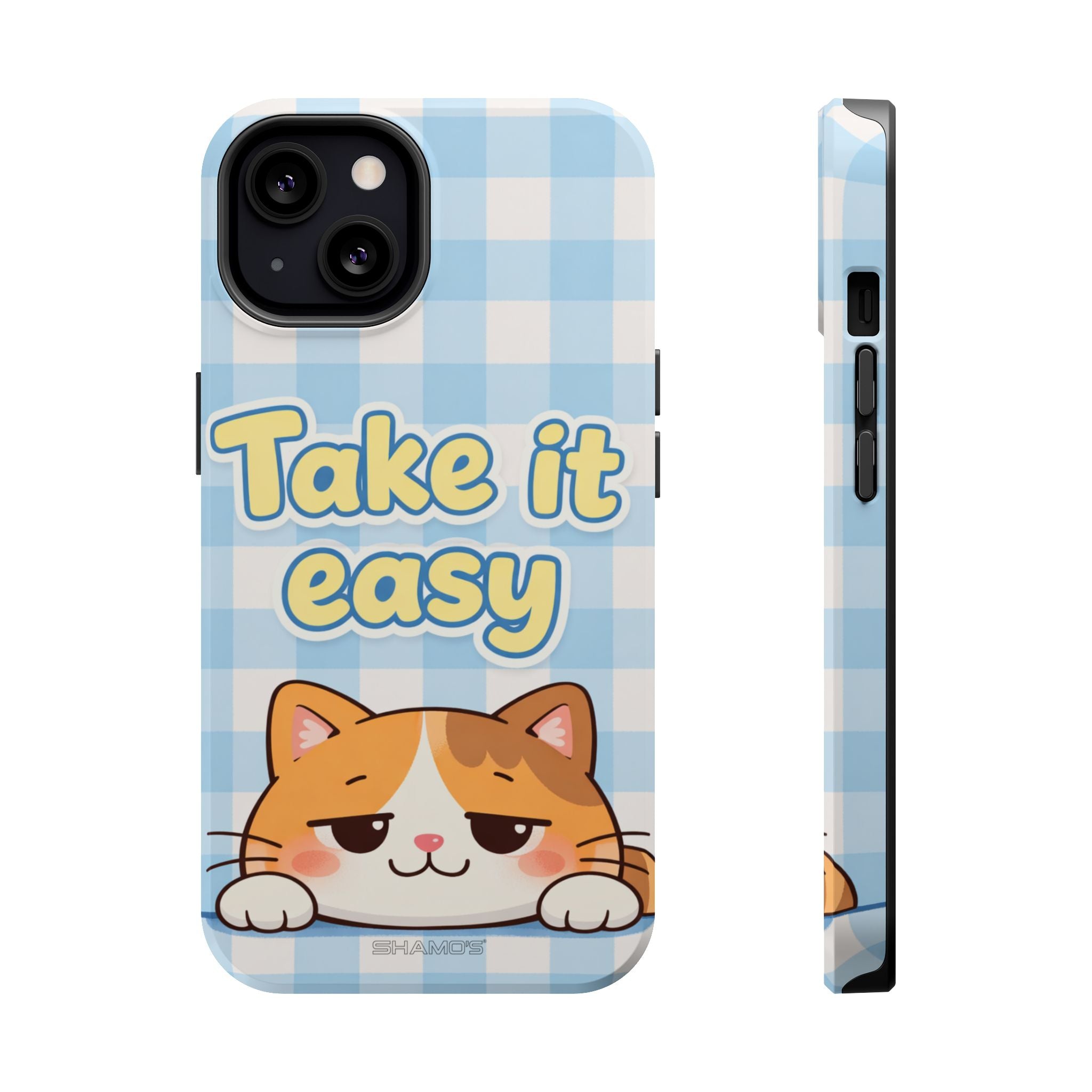 Phone case with a cartoon orange cat and Take it easy lettering on blue and white gingham