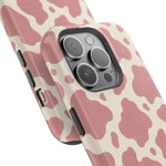 Rose Cowprint – Pink Cow Print MagSafe Phone Case, glossy square triple-camera Pro model, camera and side-button close-up