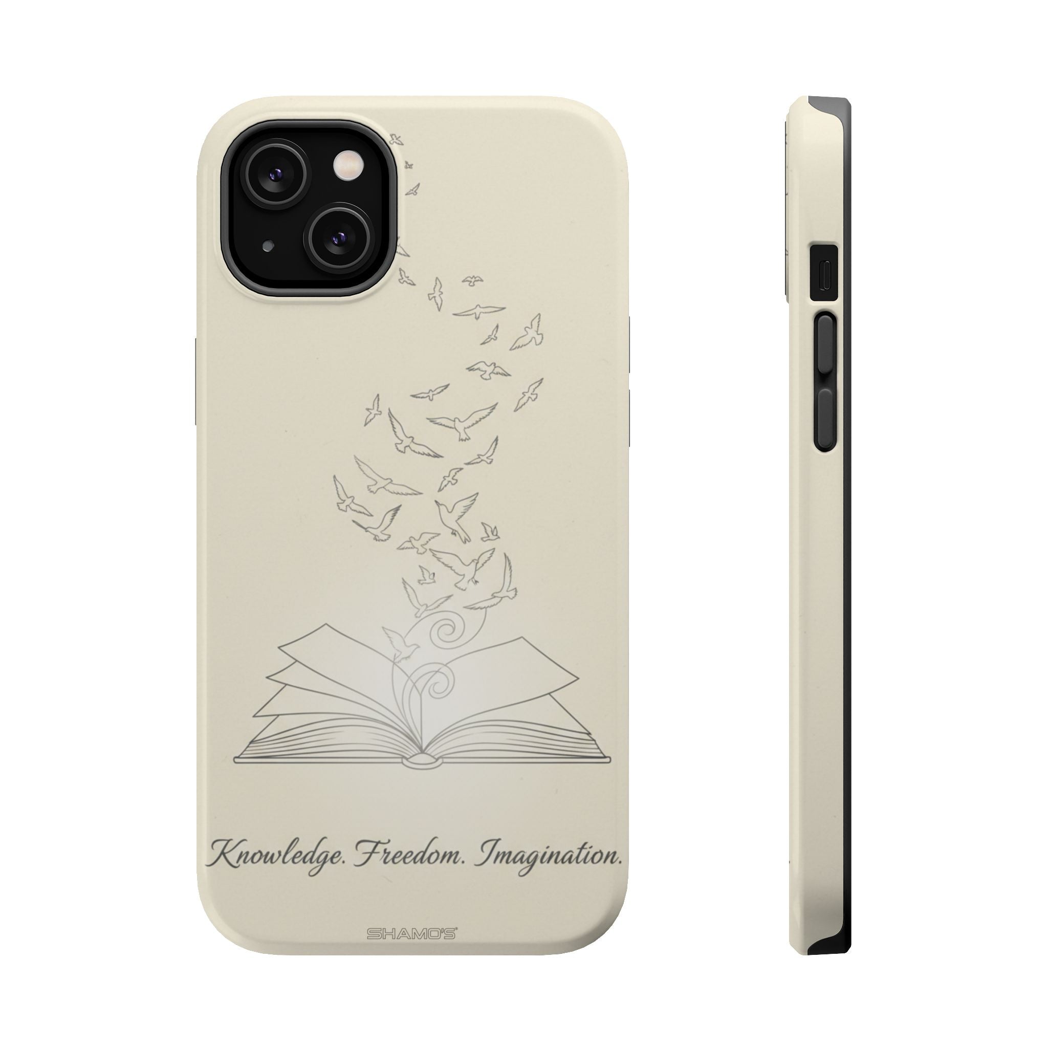 'Knowledge, Freedom, Imagination' Book & Birds Minimalist Magnetic Impact-Resistant Phone Case with MagSafe - iPhone 14 Plus / Glossy - Shamo's