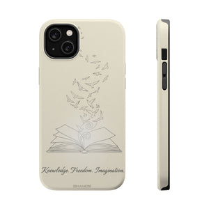 'Knowledge, Freedom, Imagination' Book & Birds Minimalist Magnetic Impact-Resistant Phone Case with MagSafe - iPhone 14 Plus / Glossy - Shamo's