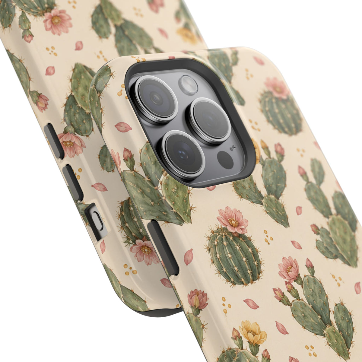 Cactus Bloom – Sage Green Floral Cactus MagSafe Phone Case, glossy square triple-camera Pro model, camera and side-button close-up