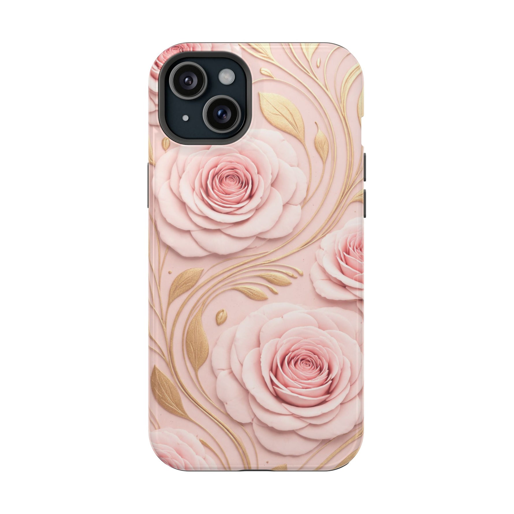 Floral Pink Rose MagSafe iPhone Case, Gold Leaf Magnetic Impact-Resistant