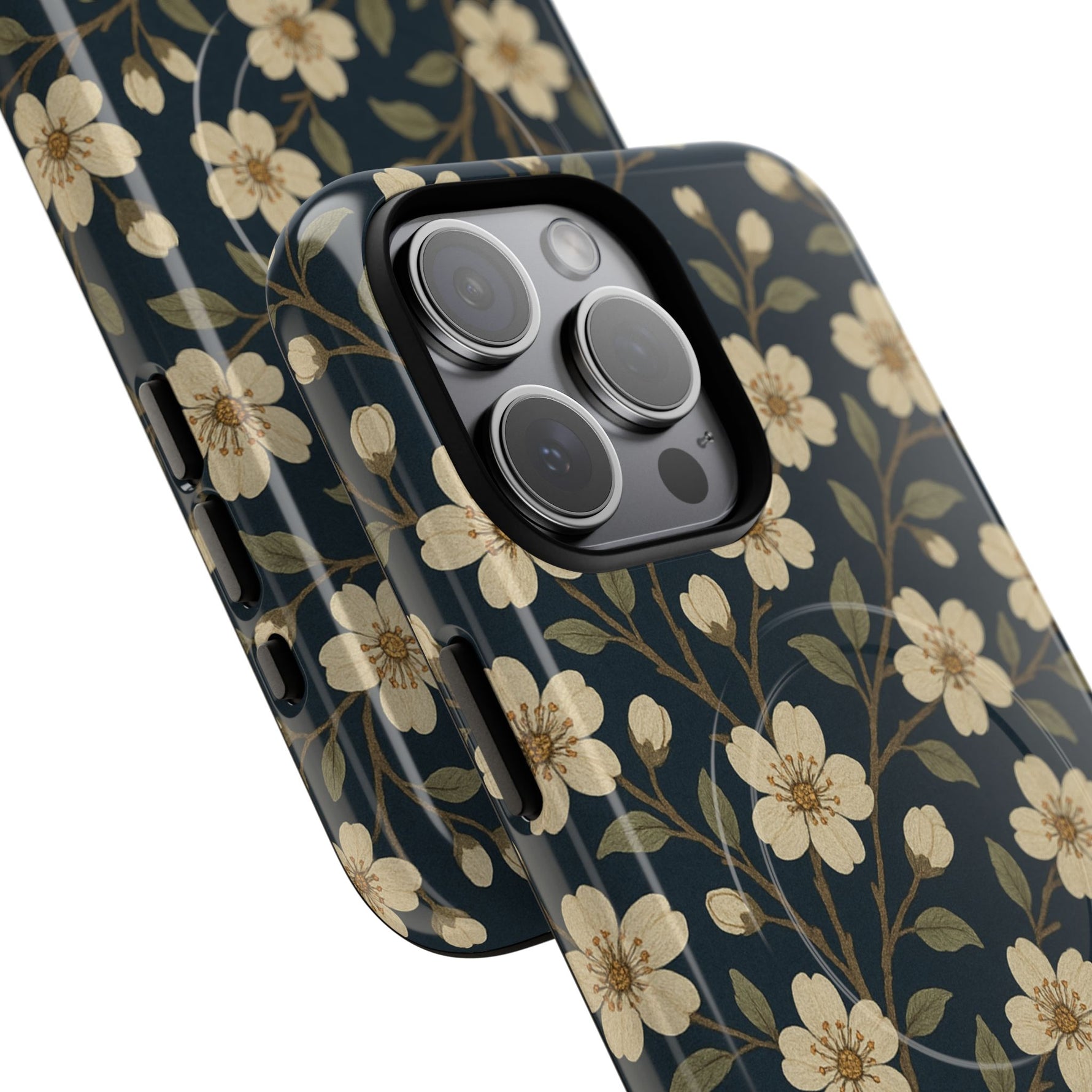 Navy Cherry Blossom Floral iPhone Case - Compatible with MagSafe - Shamo's
